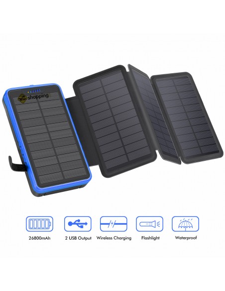 Chargeur Solaire Batterie PowerBank 26800mAh, 4 panneaux solaires, lampe de poche, deux ports USB 5V Bleu