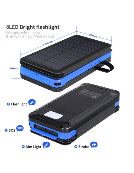Chargeur Solaire Batterie PowerBank 26800mAh, 4 panneaux solaires, lampe de poche, deux ports USB 5V Bleu