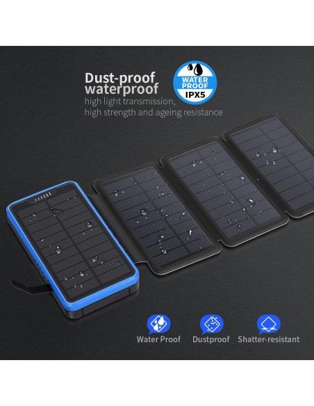 Chargeur Solaire Batterie PowerBank 26800mAh, 4 panneaux solaires, lampe de poche, deux ports USB 5V Bleu