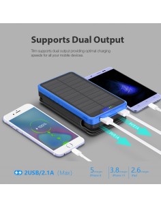 Chargeur Solaire Batterie PowerBank 26800mAh, 4 panneaux solaires, lampe de poche, deux ports USB 5V Bleu