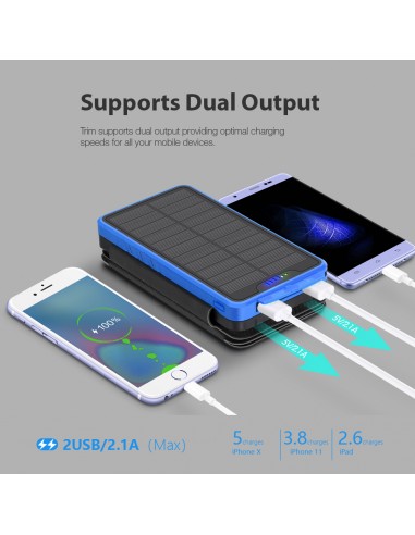 Chargeur Solaire Batterie PowerBank 26800mAh, 4 panneaux solaires, lampe de poche, deux ports USB 5V Bleu