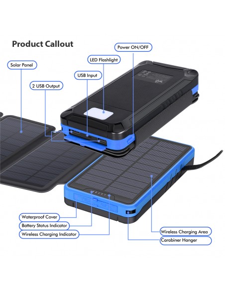 Chargeur Solaire Batterie PowerBank 26800mAh, 4 panneaux solaires, lampe de poche, deux ports USB 5V Bleu