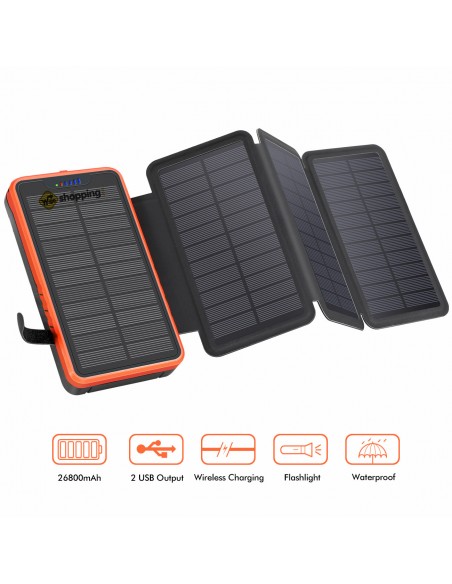 Chargeur Solaire Batterie PowerBank 26800mAh, 4 panneaux solaires, lampe de poche, deux ports USB 5V Orange