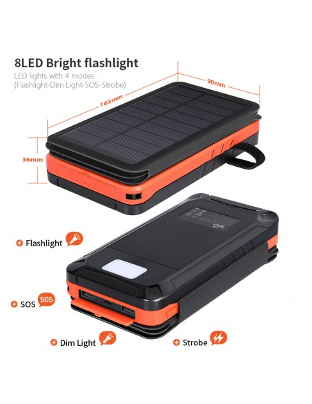 Chargeur Solaire Batterie PowerBank 26800mAh, 4 panneaux solaires, lampe de poche, deux ports USB 5V Orange