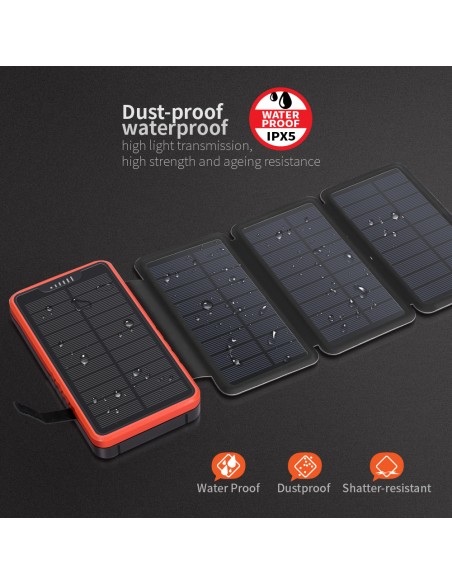 Chargeur Solaire Batterie PowerBank 26800mAh, 4 panneaux solaires, lampe de poche, deux ports USB 5V Orange