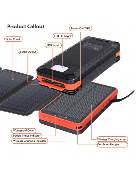 Chargeur Solaire Batterie PowerBank 26800mAh, 4 panneaux solaires, lampe de poche, deux ports USB 5V Orange