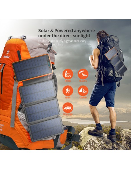 Chargeur Solaire Batterie PowerBank 26800mAh, 4 panneaux solaires, lampe de poche, deux ports USB 5V Orange