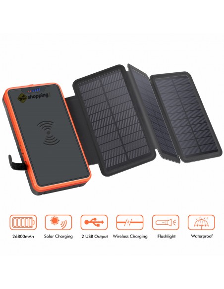 Chargeur à Induction sans Fil Solaire PowerBank 26800mAh, 3 panneaux solaires, lampe de poche, deux ports USB 5V Orange