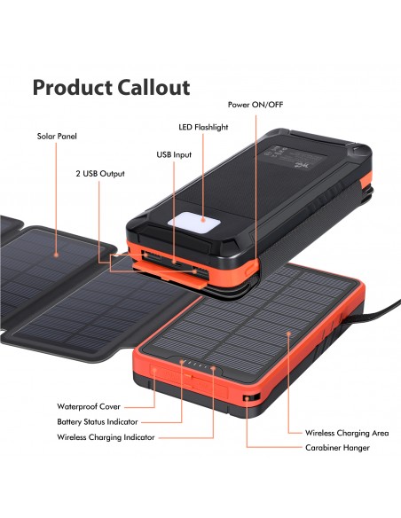 Chargeur à Induction sans Fil Solaire PowerBank 26800mAh, 3 panneaux solaires, lampe de poche, deux ports USB 5V Orange