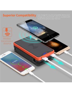 Chargeur à Induction sans Fil Solaire PowerBank 26800mAh, 3 panneaux solaires, lampe de poche, deux ports USB 5V Orange