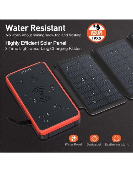 Chargeur à Induction sans Fil Solaire PowerBank 26800mAh, 3 panneaux solaires, lampe de poche, deux ports USB 5V Orange