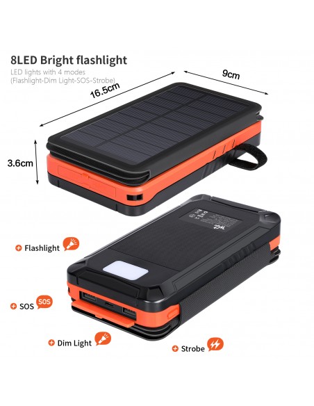 Chargeur à Induction sans Fil Solaire PowerBank 26800mAh, 3 panneaux solaires, lampe de poche, deux ports USB 5V Orange