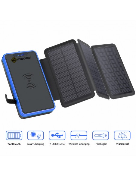 copy of Chargeur à Induction sans Fil Solaire PowerBank 26800mAh, 3 panneaux solaires, lampe de poche, deux ports USB 5V Bleu