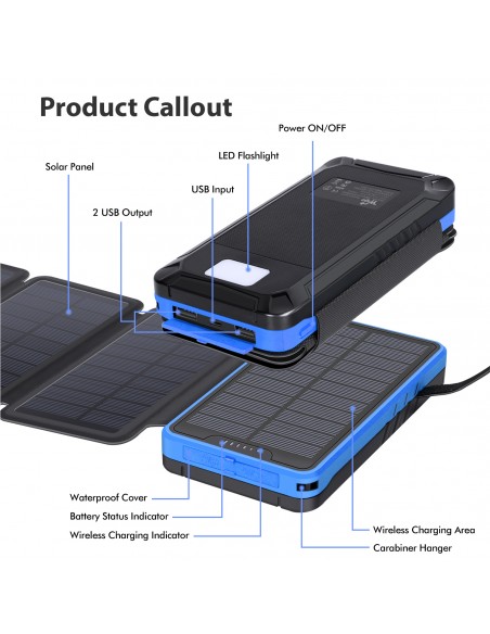 copy of Chargeur à Induction sans Fil Solaire PowerBank 26800mAh, 3 panneaux solaires, lampe de poche, deux ports USB 5V Bleu