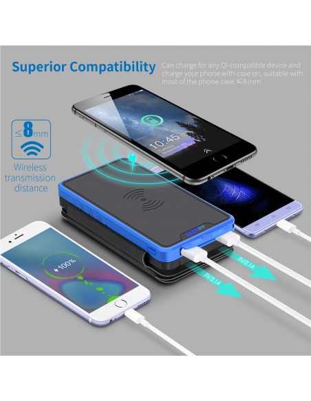 copy of Chargeur à Induction sans Fil Solaire PowerBank 26800mAh, 3 panneaux solaires, lampe de poche, deux ports USB 5V Bleu