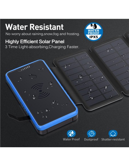 copy of Chargeur à Induction sans Fil Solaire PowerBank 26800mAh, 3 panneaux solaires, lampe de poche, deux ports USB 5V Bleu