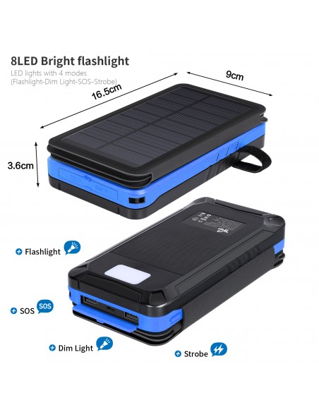 copy of Chargeur à Induction sans Fil Solaire PowerBank 26800mAh, 3 panneaux solaires, lampe de poche, deux ports USB 5V Bleu